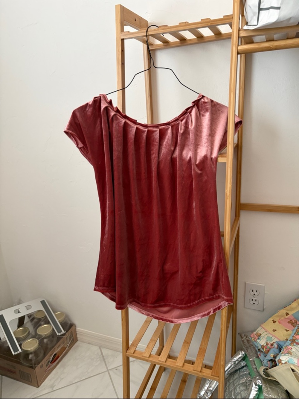 Women’s Velvet Short-Sleeve Tie Neck Blouse in Wine.